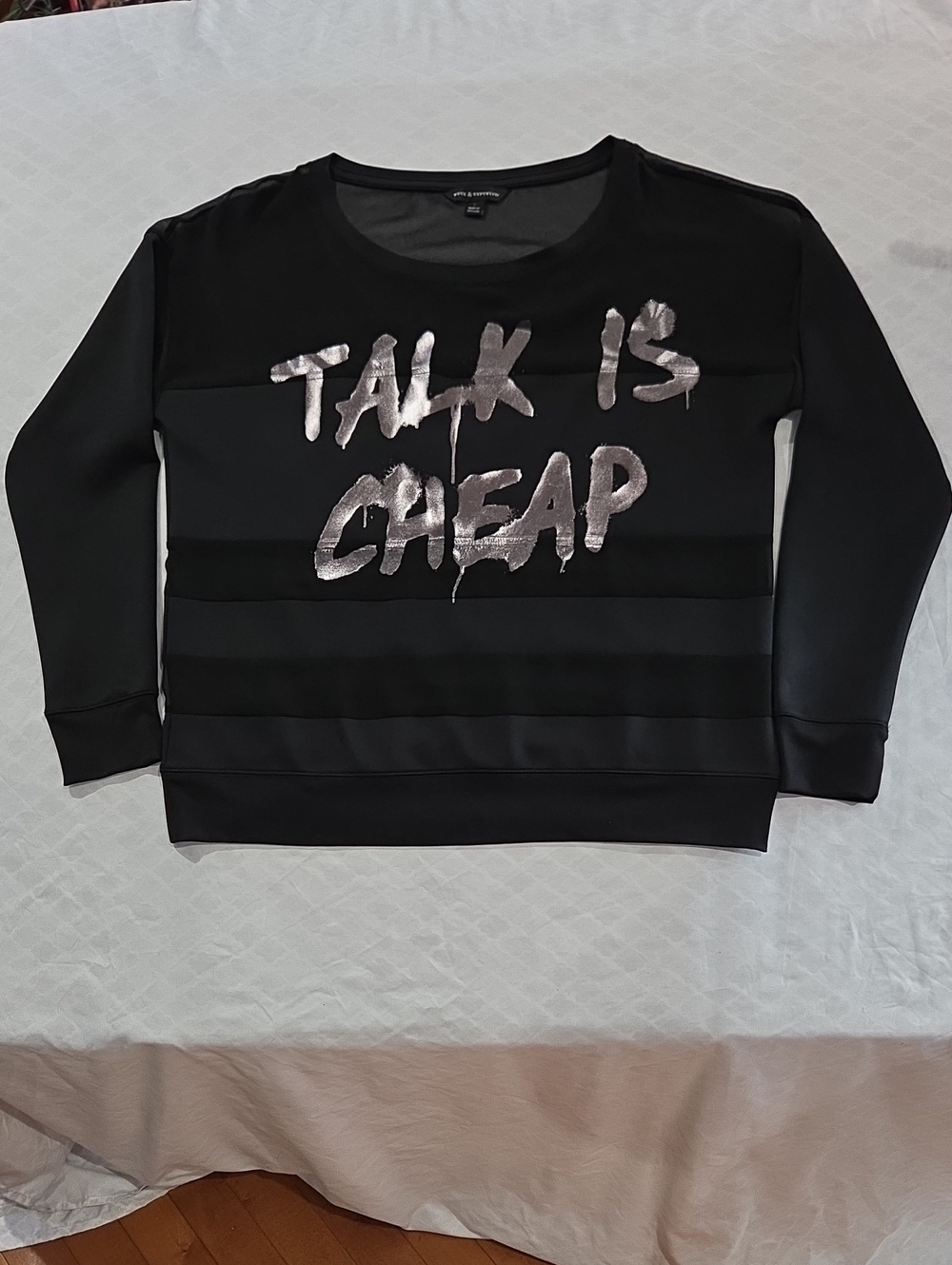 Rock & Republic Black Sweatshirt with Metallic Silver 'Talk Is Cheap' Graphic